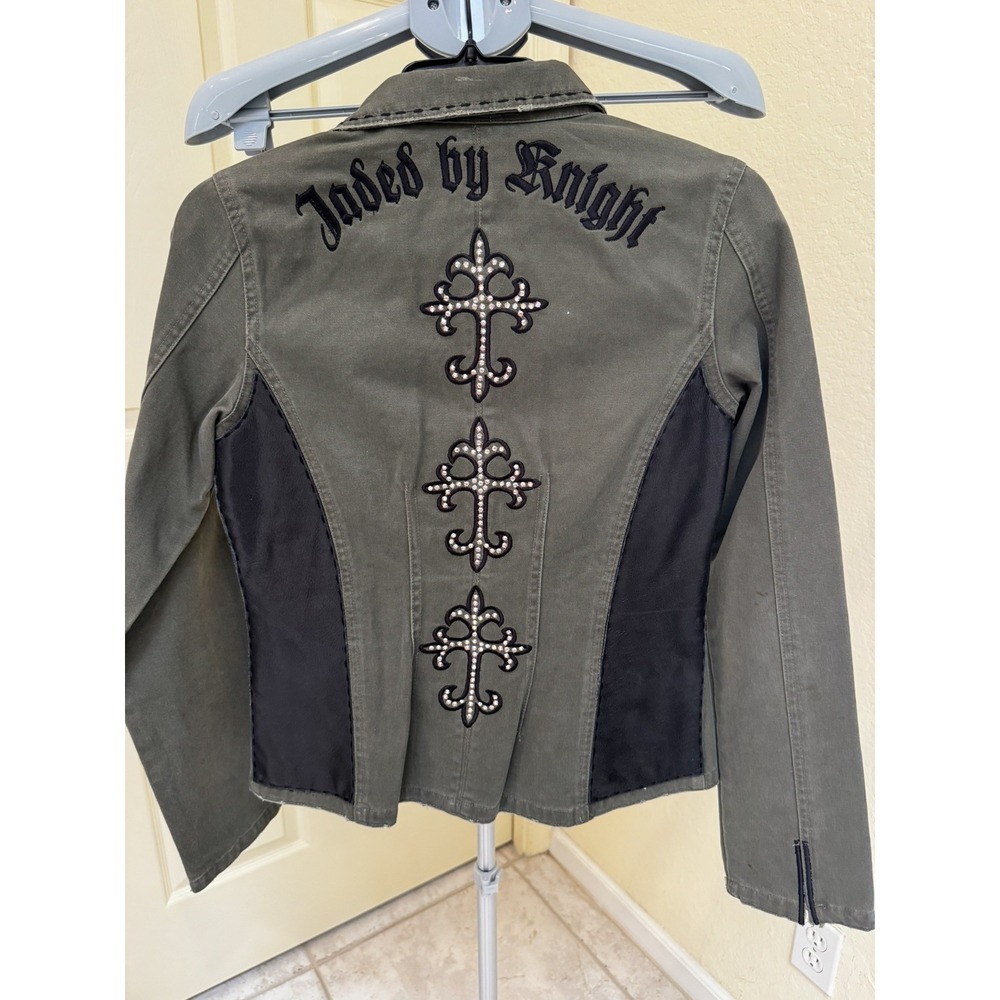 Jaded by Knight Green Military-style Blazer Jacket with Leather & Crystals  Sz M - Picture 2 of 10